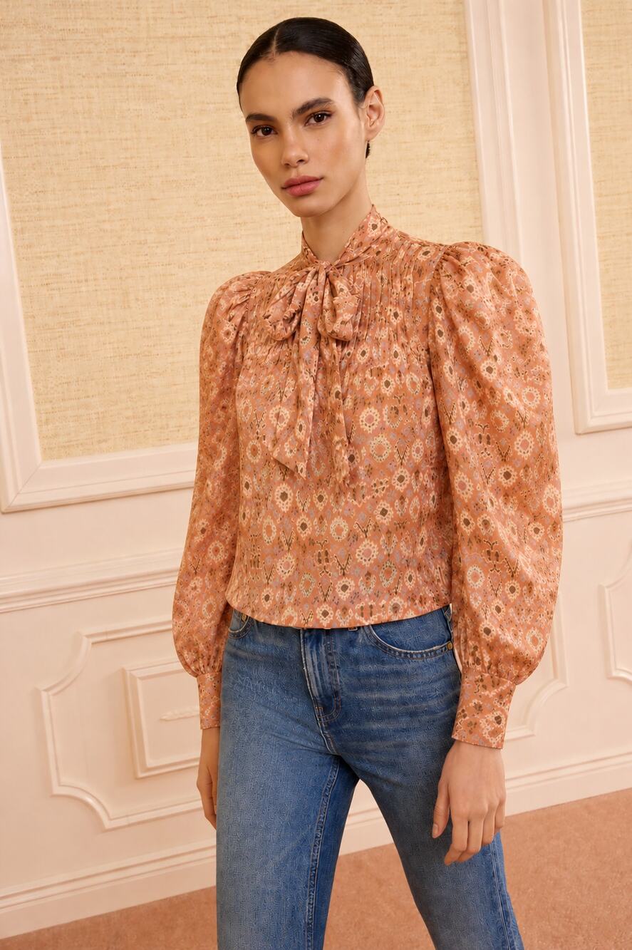 Ulla Johnson Long Sleeve Ada Tie Neck Silk Patterned Blouse 4